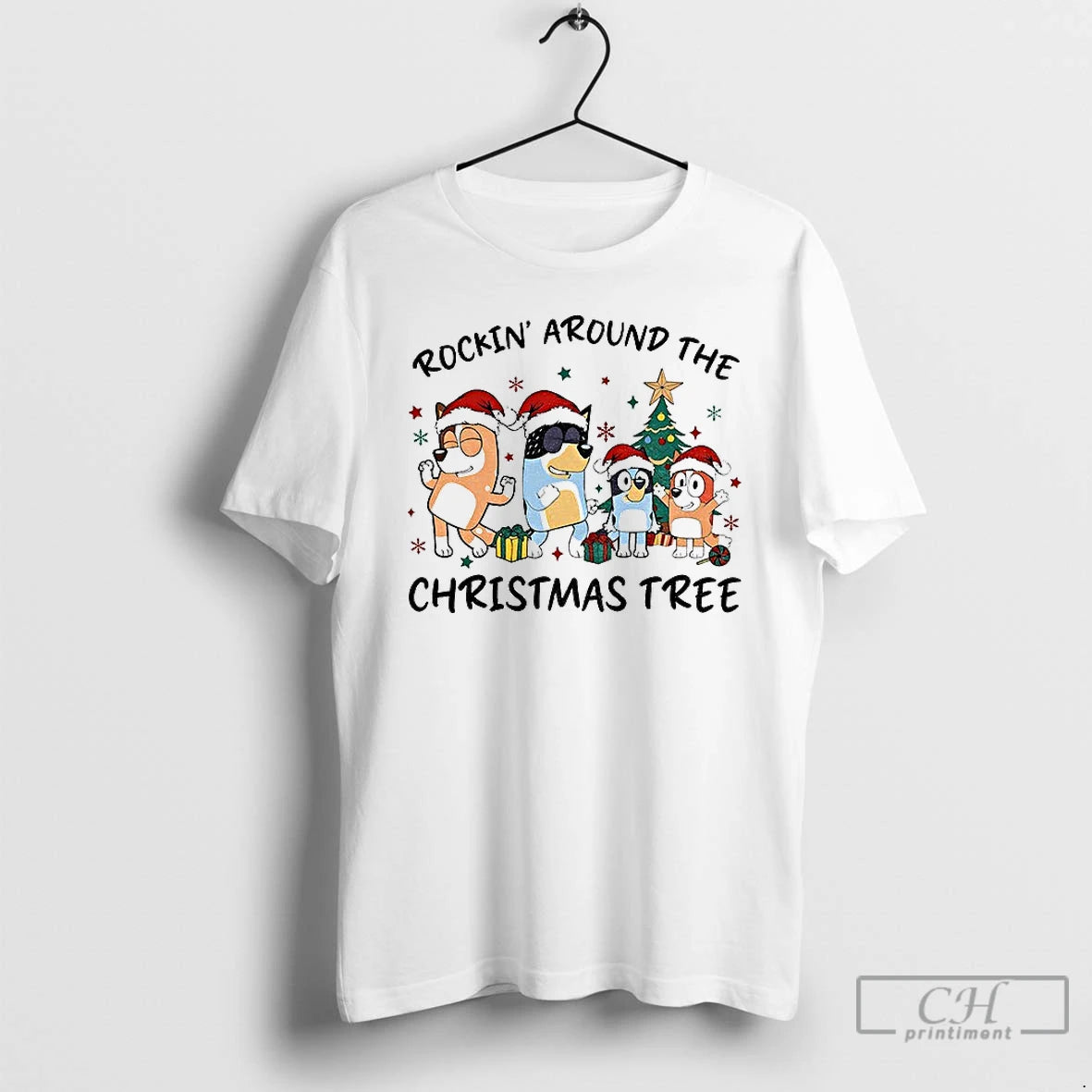Classic Bluey Family Santa Hat Rockin Around The Christmas Tree Merry Christmas 2025 T Shirts