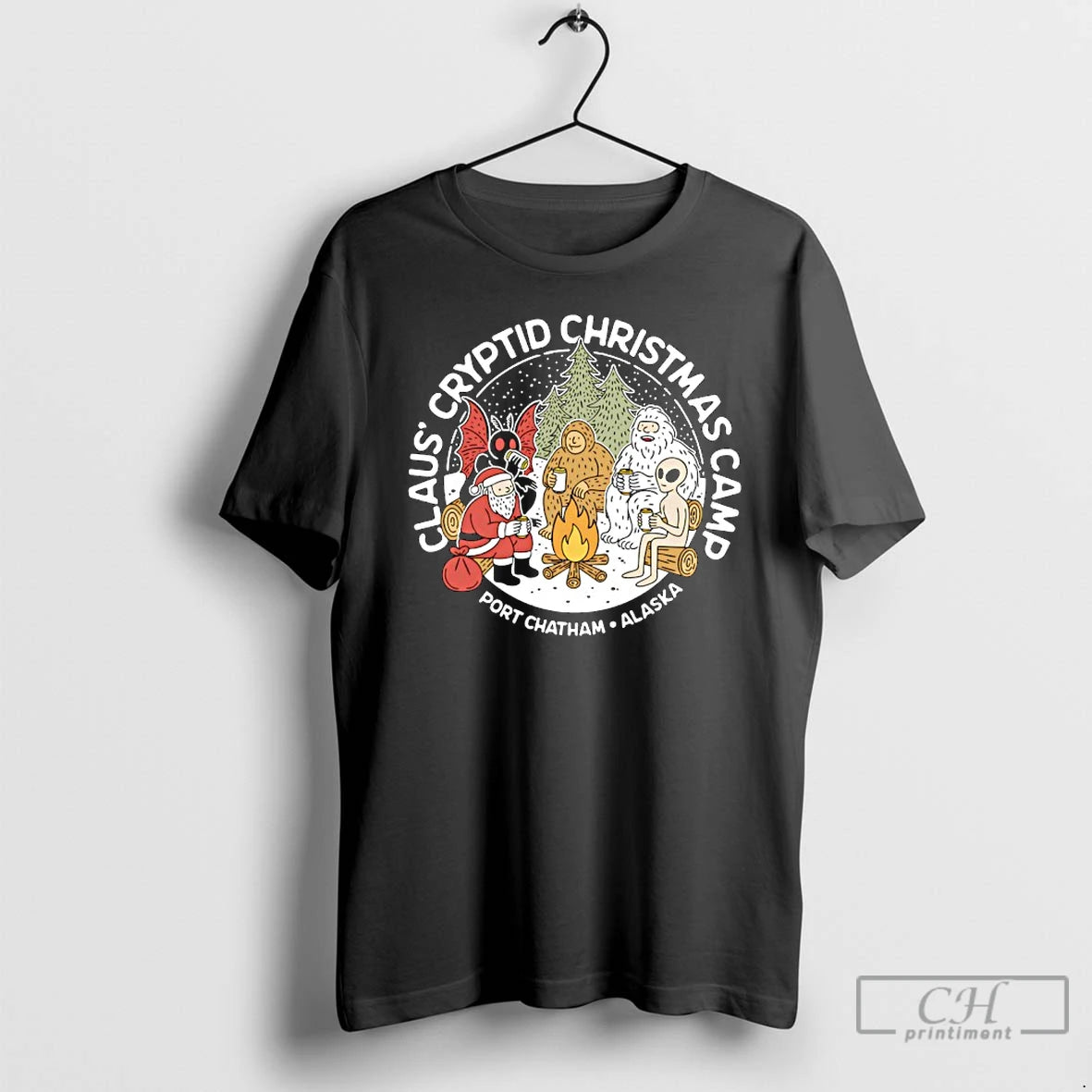 Classic Santa Claus Mothman Bigfoot Campfire Claus Cryptid Christmas Camp Port Chatham Alaska T Shirts