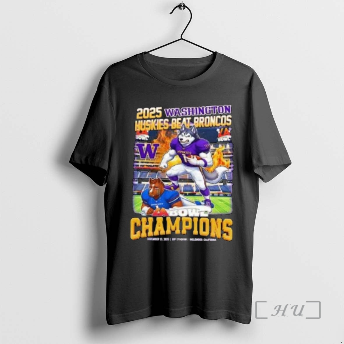 New Washington Huskies Beat Broncos 2025 La Bowl Champions Mascot Circle Black Premium T Shirts