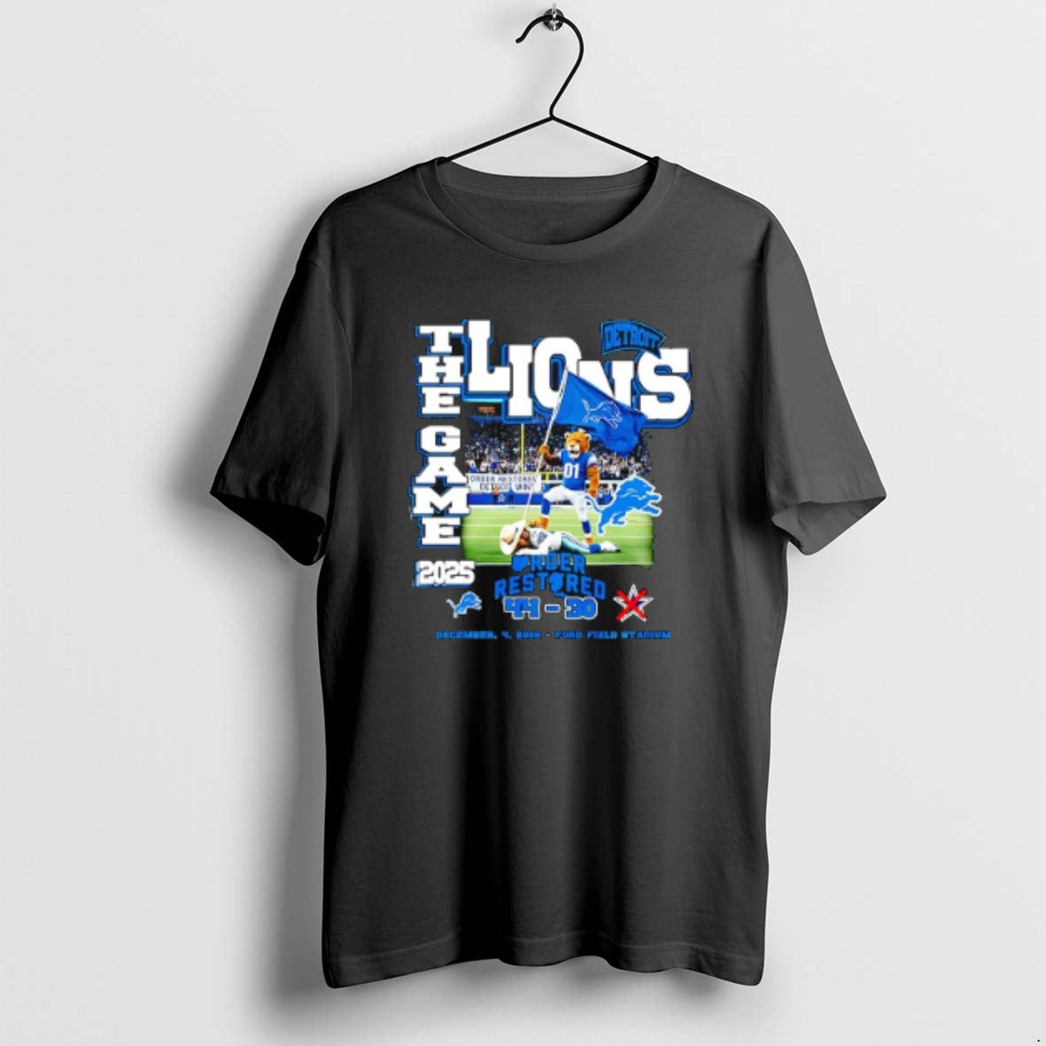 Official Detroit Lions The Game 2025 Order Restored 44 30 Score Mascot