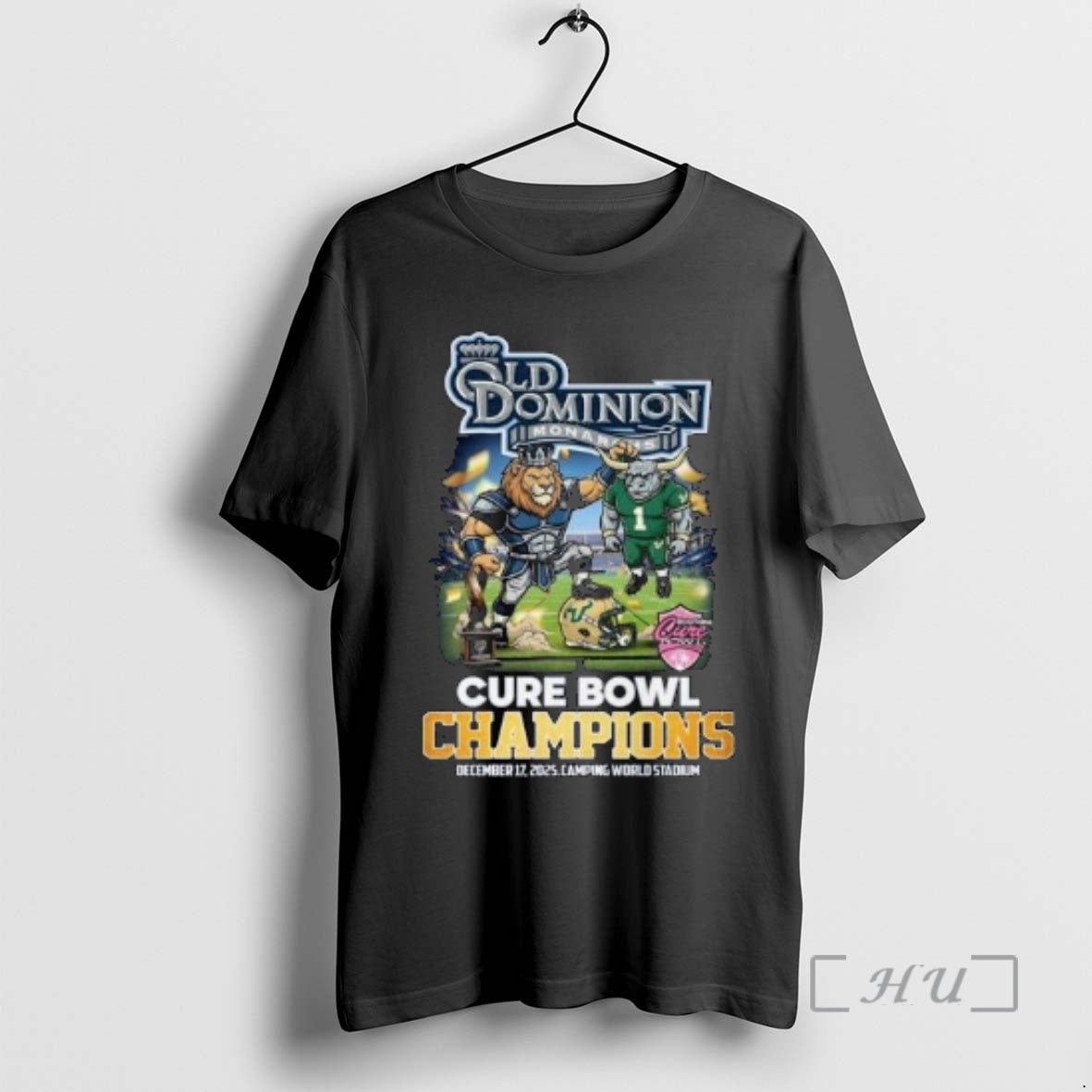 Trending Old Dominion Monarchs Cure Bowl Champions 2025 Celebration Mascot Circle Black Premium T Shirts