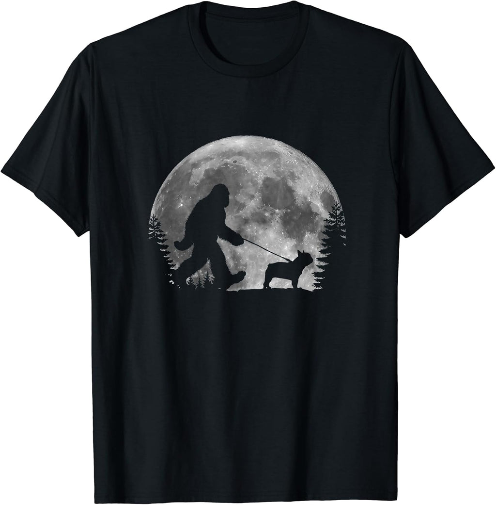 Bigfoot Walking Dog Frenchie Lovers Moon Halloween Tee Unisex T-shirt, Sweatshirt, Hoodie (1)