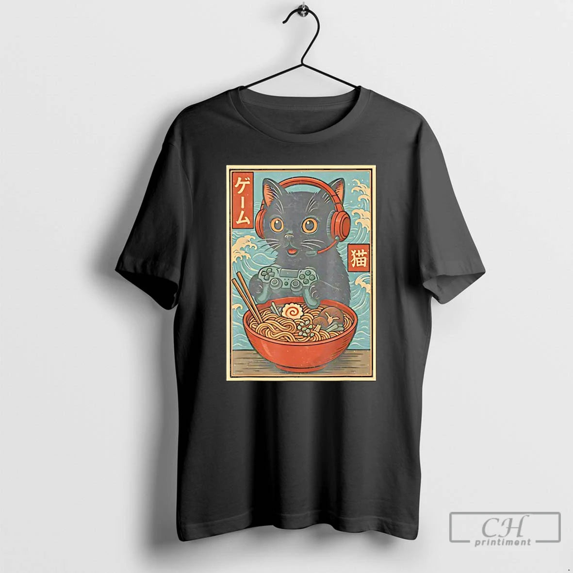 Classic Black Japanese Cat Holding Gamepad And Wearing Head Phone Eat Ramen Retro T Shirts