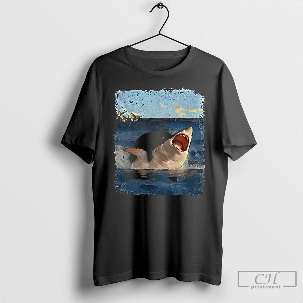 Classic Cat Bites Shark Funny Meme Vintage