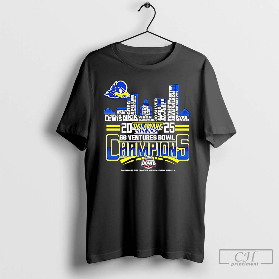 Classic Delaware Fightin Blue Hens 2025 68 Ventures Bowl Champions Players Names City Skyline