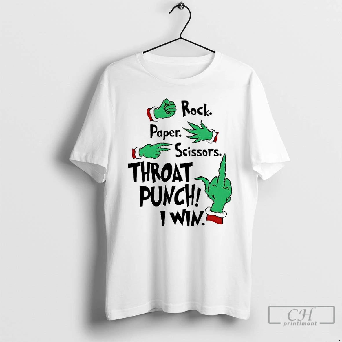 Classic Grinch Hand Rock Paper Scissors Throat Punch I Win Christmas