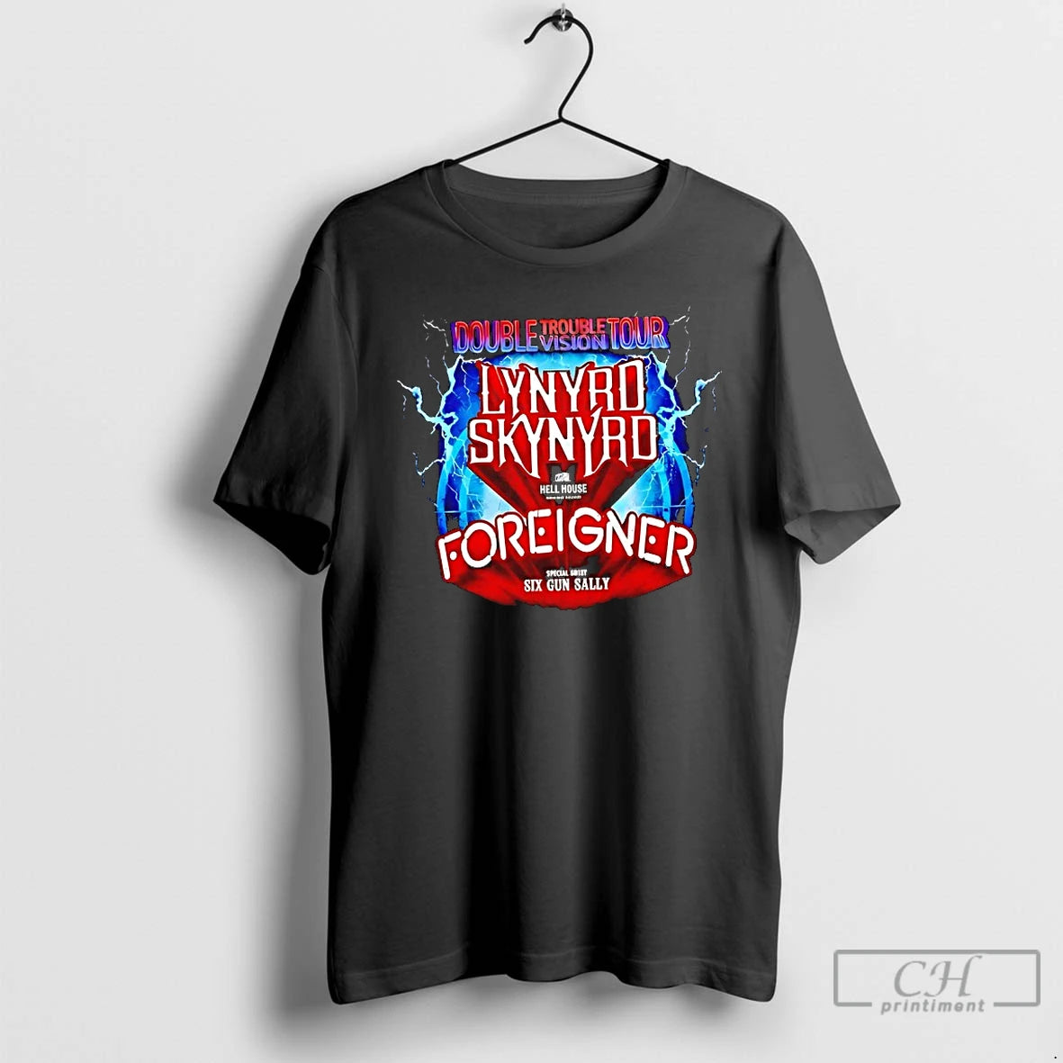 Classic Lynyrd Skynyrd Foreigner Double Trouble Vision Tour Hell House Six Gun Sally T Shirts
