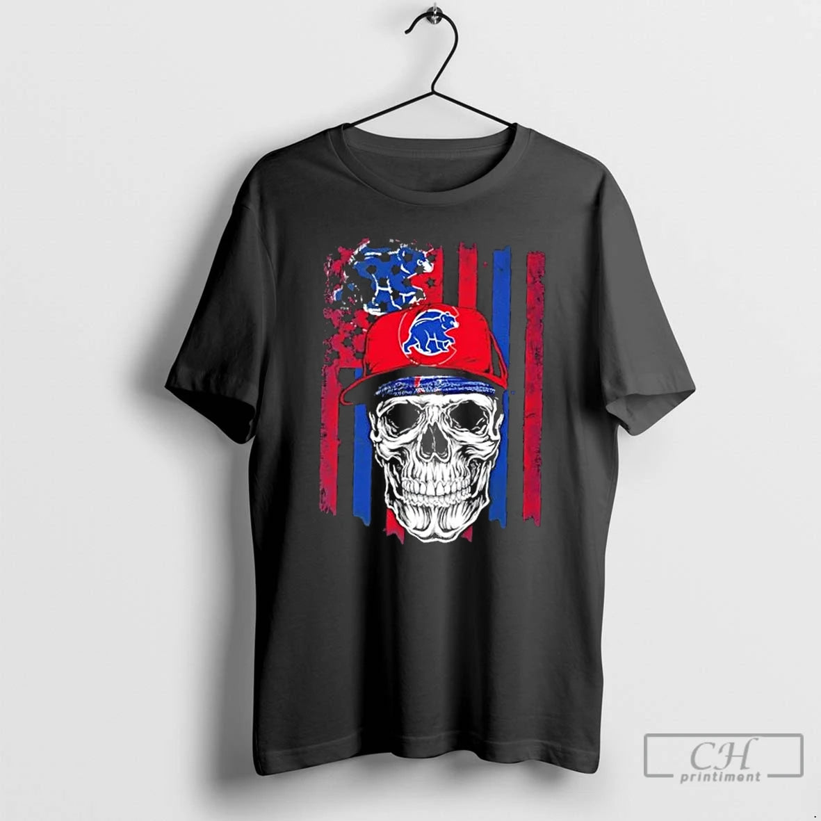 Classic Skull Wearing A Cap Chicago Cubs Us Flag