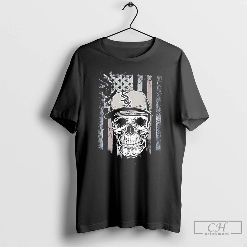 Classic Skull Wearing A Cap Chicago White Sox Us Flag