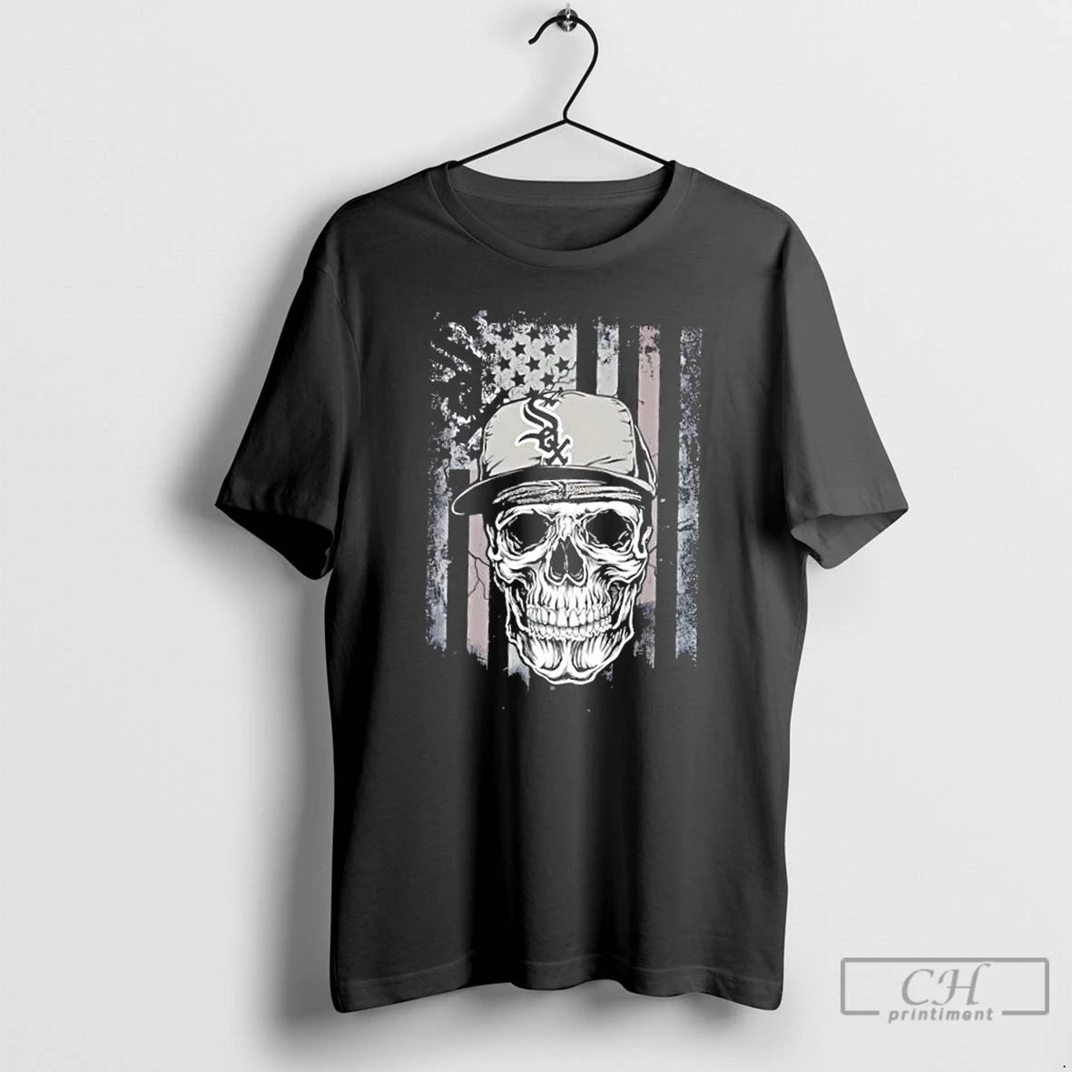 Classic Skull Wearing A Cap Chicago White Sox Us Flag
