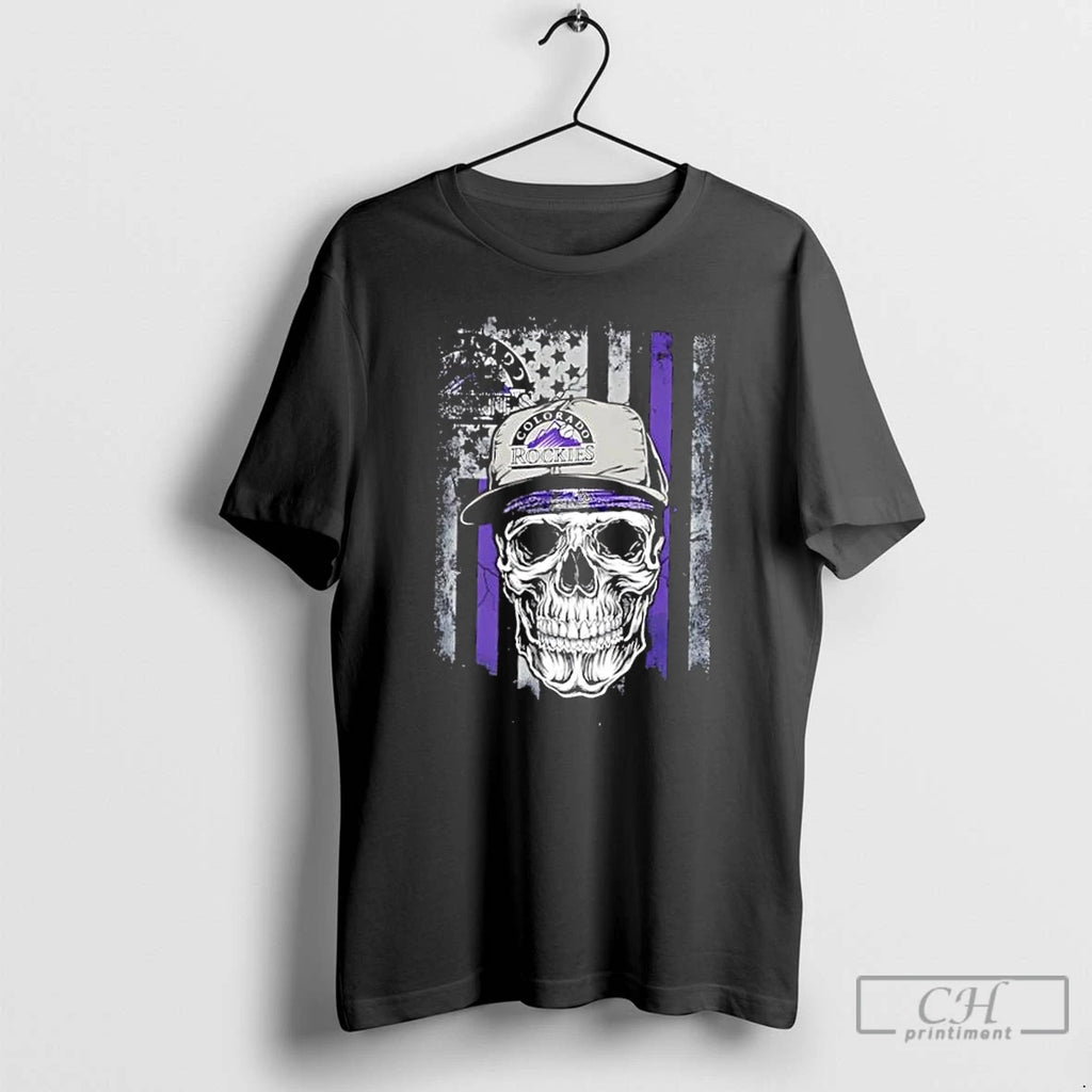 Classic Skull Wearing A Cap Colorado Rockies Us Flag