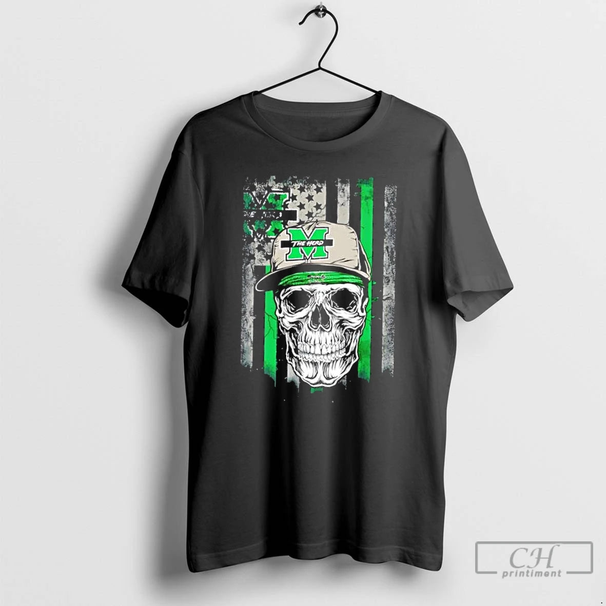 Classic Skull Wearing A Cap Marshall Thundering Herd Us Flag