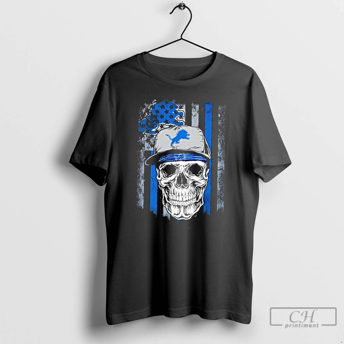 Classic Skull Wearing A Cap X Detroit Lions Us Flag