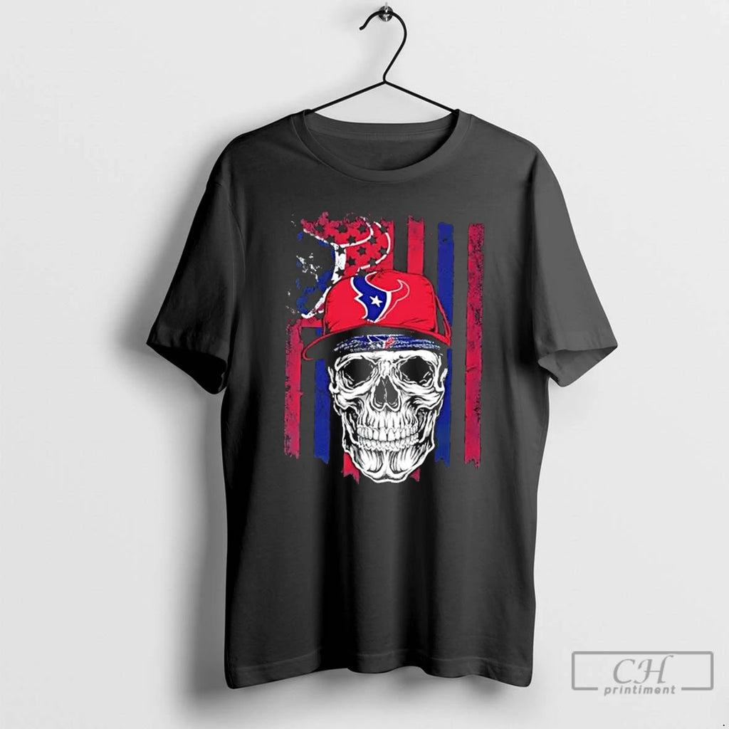 Classic Skull Wearing A Cap X Houston Texans Us Flag
