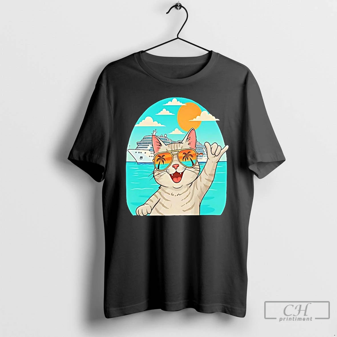 Classic Tabby Cat Wearing Sunglasses Behind Yacht Holiday Funny