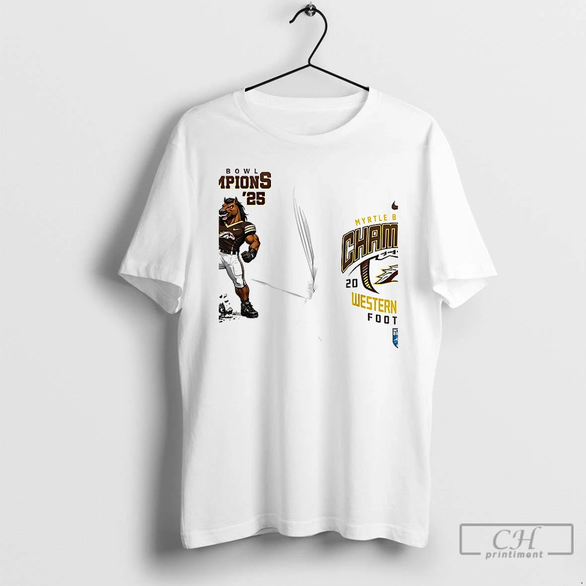 Classic Western Michigan Broncos Myrtle Beach Bowl Champions 2025 Mascot Double Graphic T Shirts Sweater