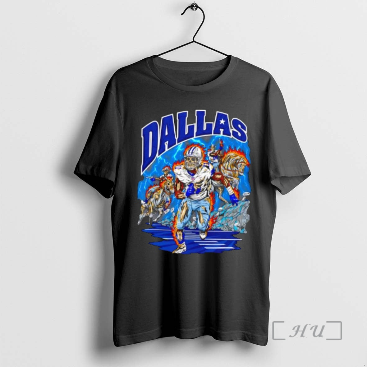 Officials Dallas Cowboys Skeleton Player 1 Running With Cowboys On Fire Horses Under Lightning Premium