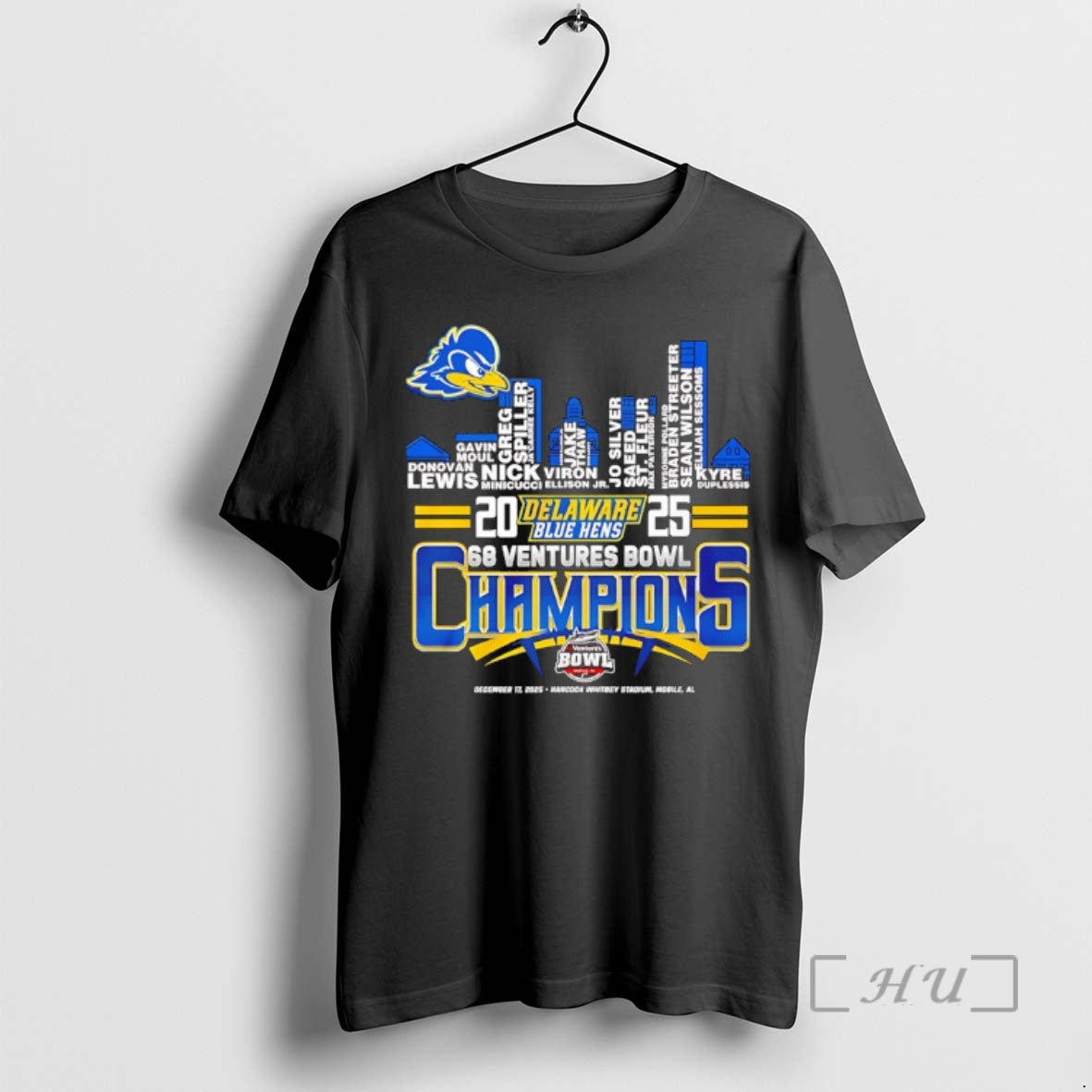 Officials Delaware Blue Hens 2025 68 Ventures Bowl Champions Player Name Skyline Premium T Shirts