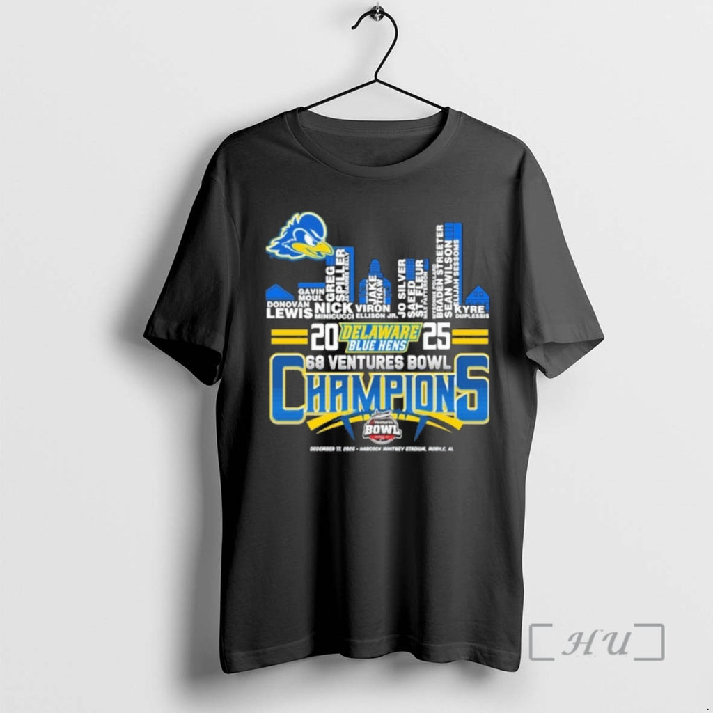 Officials Delaware Blue Hens Skyline Players Name 2025 68 Ventures Bowl Champions Premium T Shirts