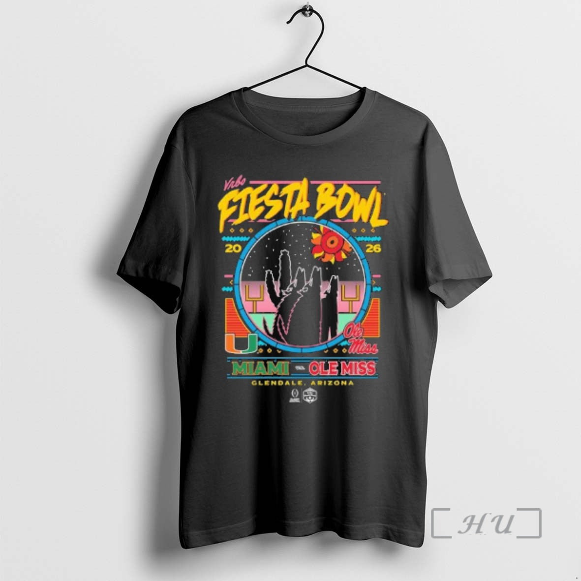 Officials Miami Vs Ole Miss Vrbo Fiesta Bowl Matchup Neon Nightfall Retro Premium T Shirts