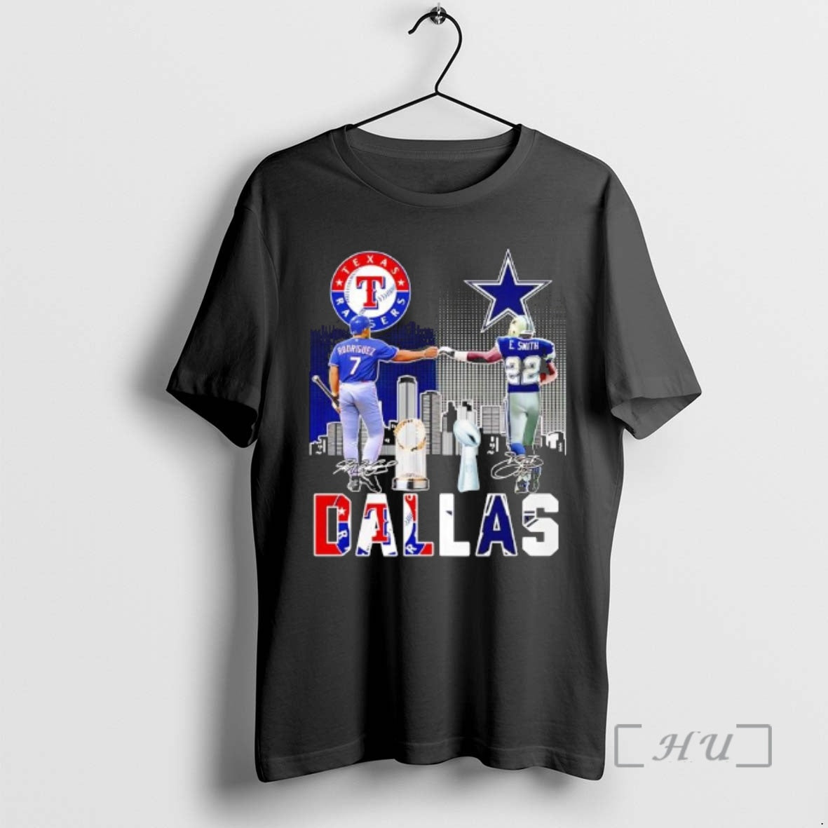 Officials Texas Rangers Ivan Pudge Rodriguez Dallas Cowboys Emmitt Smith Signatures Features Premium T Shirts