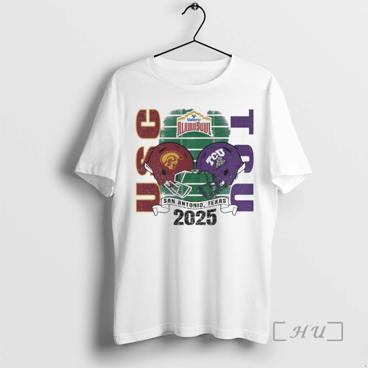 Officials Usc Trojans Vs Tcu Horned Frogs 2025 Alamo Bowl Helmet Circle Premium T Shirts