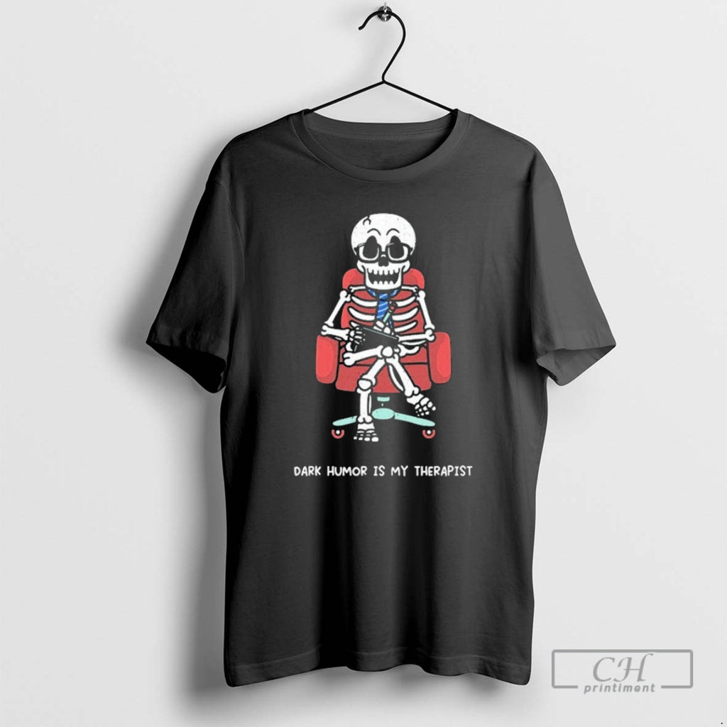Premium Mandatoryfunday Dark Humor Is My Therapist Skeleton Sofa Shirt Sweater