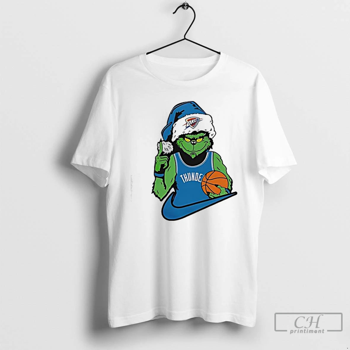Premium The Grinch In An Oklahoma City Thunder Jersey Santa Hat