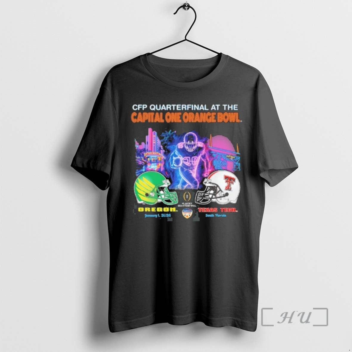Trending Oregon Vs Texas Tech 2026 Cfp Orange Bowl Art Deco Game Premium T Shirts