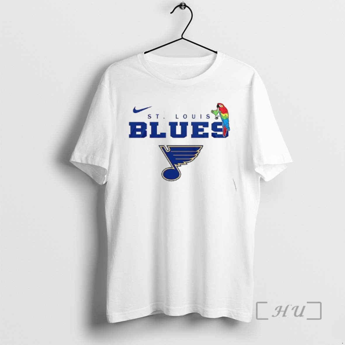 Trending St Louis Blues X Jimmy Buffett Parrot Mascot Double Sided Graphic Premium T Shirts